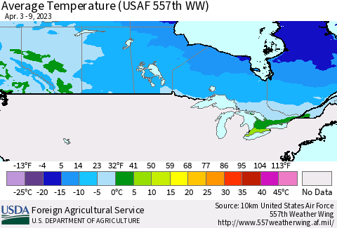 Canada Average Temperature (USAF 557th WW) Thematic Map For 4/3/2023 - 4/9/2023