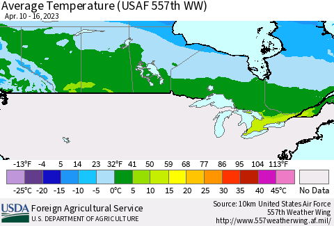 Canada Average Temperature (USAF 557th WW) Thematic Map For 4/10/2023 - 4/16/2023