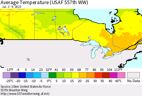 Canada Average Temperature (USAF 557th WW) Thematic Map For 7/3/2023 - 7/9/2023