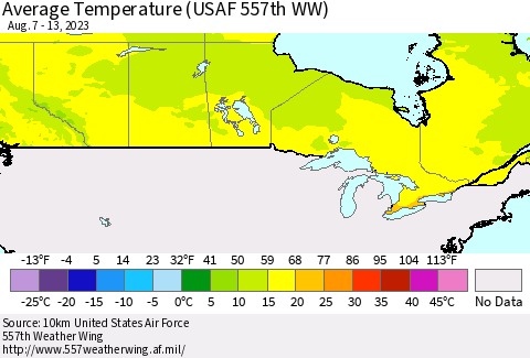 Canada Average Temperature (USAF 557th WW) Thematic Map For 8/7/2023 - 8/13/2023