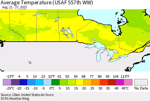 Canada Average Temperature (USAF 557th WW) Thematic Map For 8/21/2023 - 8/27/2023