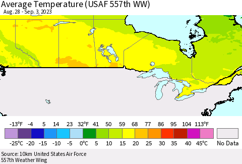 Canada Average Temperature (USAF 557th WW) Thematic Map For 8/28/2023 - 9/3/2023