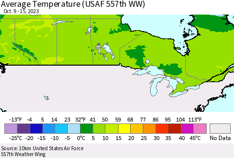 Canada Average Temperature (USAF 557th WW) Thematic Map For 10/9/2023 - 10/15/2023
