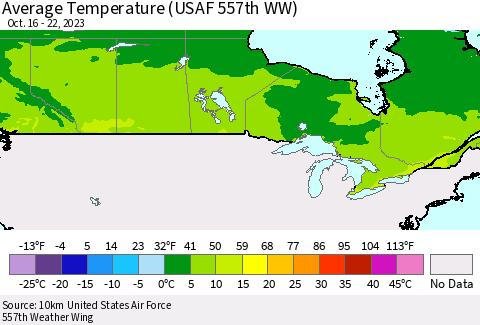 Canada Average Temperature (USAF 557th WW) Thematic Map For 10/16/2023 - 10/22/2023