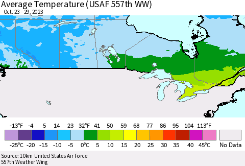 Canada Average Temperature (USAF 557th WW) Thematic Map For 10/23/2023 - 10/29/2023