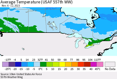Canada Average Temperature (USAF 557th WW) Thematic Map For 11/6/2023 - 11/12/2023