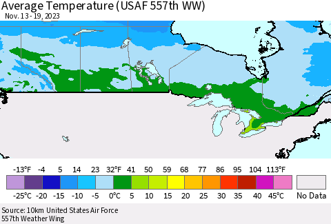 Canada Average Temperature (USAF 557th WW) Thematic Map For 11/13/2023 - 11/19/2023