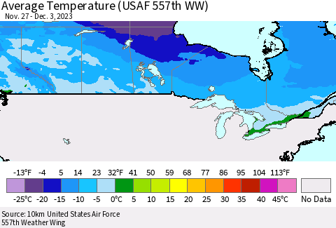 Canada Average Temperature (USAF 557th WW) Thematic Map For 11/27/2023 - 12/3/2023