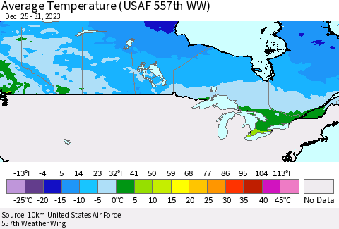 Canada Average Temperature (USAF 557th WW) Thematic Map For 12/25/2023 - 12/31/2023