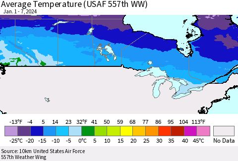 Canada Average Temperature (USAF 557th WW) Thematic Map For 1/1/2024 - 1/7/2024