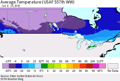 Canada Average Temperature (USAF 557th WW) Thematic Map For 1/8/2024 - 1/14/2024
