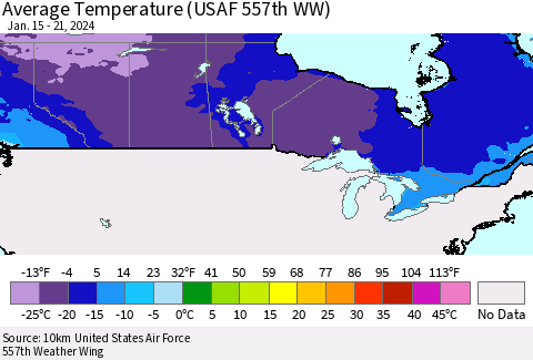 Canada Average Temperature (USAF 557th WW) Thematic Map For 1/15/2024 - 1/21/2024