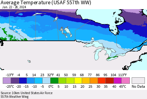 Canada Average Temperature (USAF 557th WW) Thematic Map For 1/22/2024 - 1/28/2024
