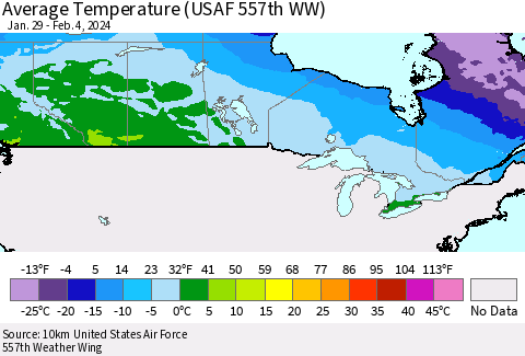 Canada Average Temperature (USAF 557th WW) Thematic Map For 1/29/2024 - 2/4/2024
