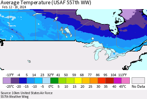 Canada Average Temperature (USAF 557th WW) Thematic Map For 2/12/2024 - 2/18/2024