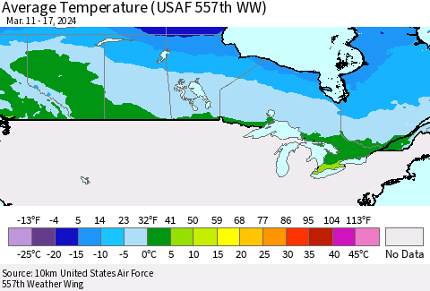 Canada Average Temperature (USAF 557th WW) Thematic Map For 3/11/2024 - 3/17/2024
