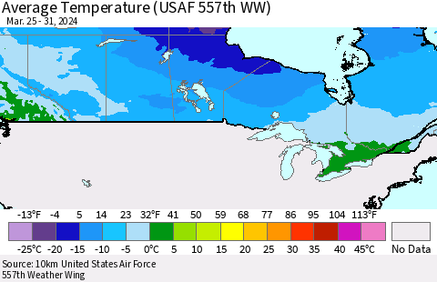 Canada Average Temperature (USAF 557th WW) Thematic Map For 3/25/2024 - 3/31/2024
