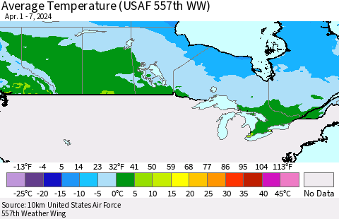 Canada Average Temperature (USAF 557th WW) Thematic Map For 4/1/2024 - 4/7/2024