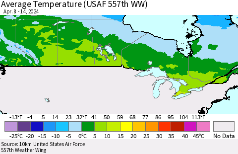 Canada Average Temperature (USAF 557th WW) Thematic Map For 4/8/2024 - 4/14/2024