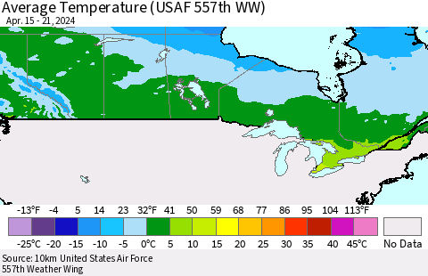 Canada Average Temperature (USAF 557th WW) Thematic Map For 4/15/2024 - 4/21/2024