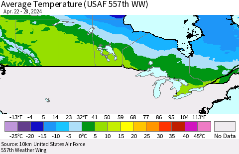 Canada Average Temperature (USAF 557th WW) Thematic Map For 4/22/2024 - 4/28/2024