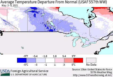 Canada Average Temperature Departure from Normal (USAF 557th WW) Thematic Map For 5/3/2021 - 5/9/2021