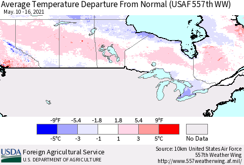 Canada Average Temperature Departure from Normal (USAF 557th WW) Thematic Map For 5/10/2021 - 5/16/2021