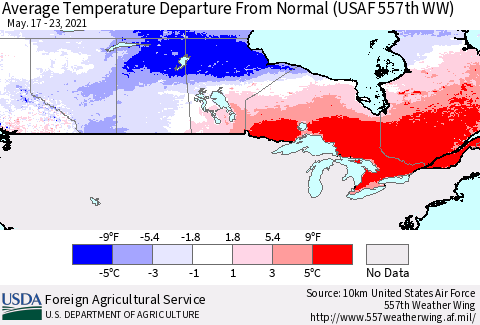 Canada Average Temperature Departure from Normal (USAF 557th WW) Thematic Map For 5/17/2021 - 5/23/2021