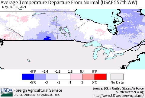 Canada Average Temperature Departure from Normal (USAF 557th WW) Thematic Map For 5/24/2021 - 5/30/2021