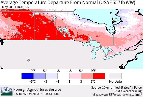 Canada Average Temperature Departure from Normal (USAF 557th WW) Thematic Map For 5/31/2021 - 6/6/2021