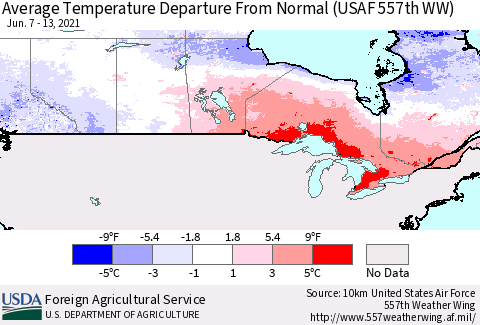 Canada Average Temperature Departure from Normal (USAF 557th WW) Thematic Map For 6/7/2021 - 6/13/2021