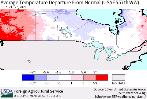 Canada Average Temperature Departure from Normal (USAF 557th WW) Thematic Map For 6/21/2021 - 6/27/2021