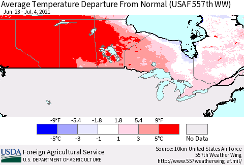 Canada Average Temperature Departure from Normal (USAF 557th WW) Thematic Map For 6/28/2021 - 7/4/2021