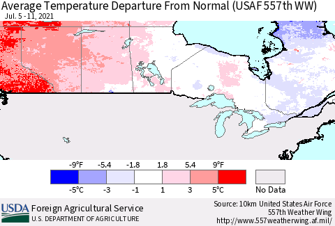 Canada Average Temperature Departure from Normal (USAF 557th WW) Thematic Map For 7/5/2021 - 7/11/2021