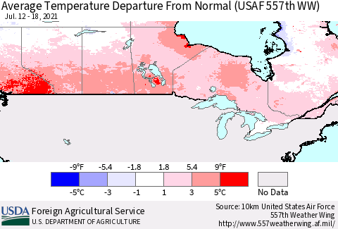 Canada Average Temperature Departure from Normal (USAF 557th WW) Thematic Map For 7/12/2021 - 7/18/2021