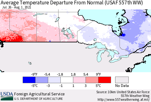 Canada Average Temperature Departure from Normal (USAF 557th WW) Thematic Map For 7/26/2021 - 8/1/2021