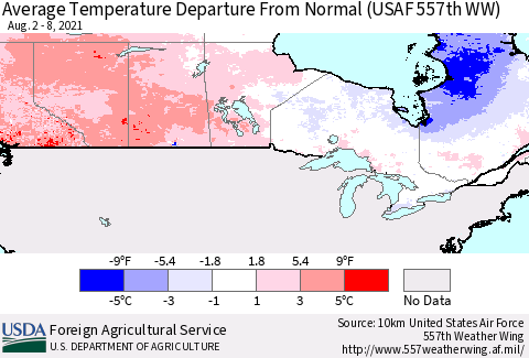 Canada Average Temperature Departure from Normal (USAF 557th WW) Thematic Map For 8/2/2021 - 8/8/2021