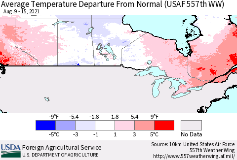 Canada Average Temperature Departure from Normal (USAF 557th WW) Thematic Map For 8/9/2021 - 8/15/2021