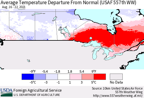 Canada Average Temperature Departure from Normal (USAF 557th WW) Thematic Map For 8/16/2021 - 8/22/2021