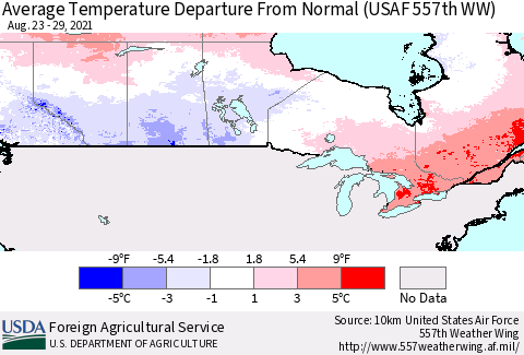 Canada Average Temperature Departure from Normal (USAF 557th WW) Thematic Map For 8/23/2021 - 8/29/2021
