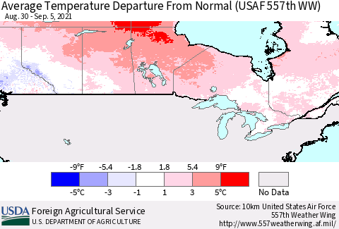 Canada Average Temperature Departure from Normal (USAF 557th WW) Thematic Map For 8/30/2021 - 9/5/2021
