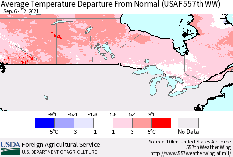 Canada Average Temperature Departure from Normal (USAF 557th WW) Thematic Map For 9/6/2021 - 9/12/2021