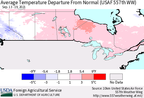 Canada Average Temperature Departure from Normal (USAF 557th WW) Thematic Map For 9/13/2021 - 9/19/2021