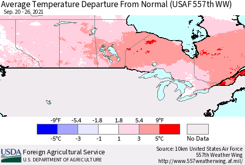 Canada Average Temperature Departure from Normal (USAF 557th WW) Thematic Map For 9/20/2021 - 9/26/2021