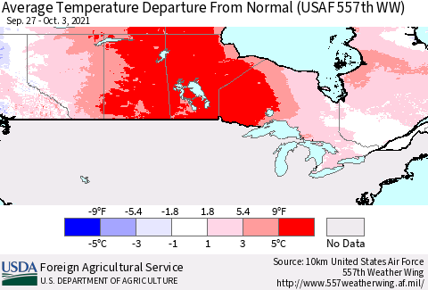 Canada Average Temperature Departure from Normal (USAF 557th WW) Thematic Map For 9/27/2021 - 10/3/2021