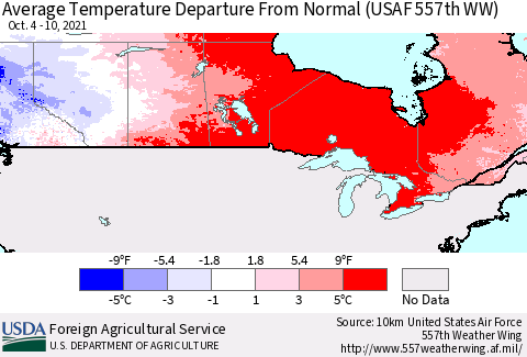 Canada Average Temperature Departure from Normal (USAF 557th WW) Thematic Map For 10/4/2021 - 10/10/2021