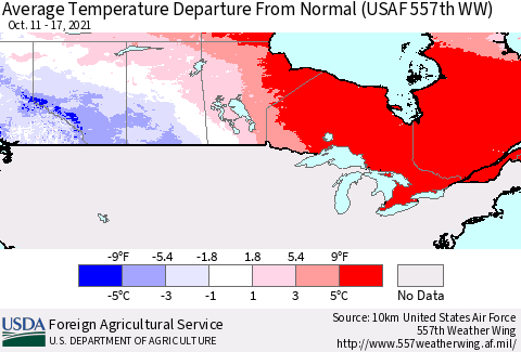 Canada Average Temperature Departure from Normal (USAF 557th WW) Thematic Map For 10/11/2021 - 10/17/2021