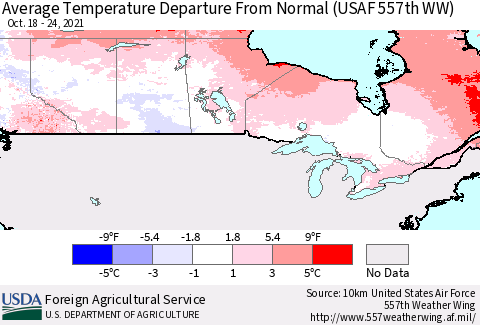 Canada Average Temperature Departure from Normal (USAF 557th WW) Thematic Map For 10/18/2021 - 10/24/2021