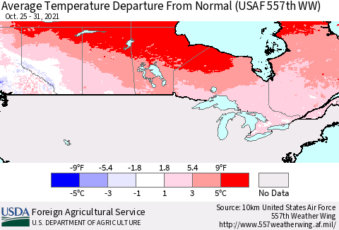 Canada Average Temperature Departure from Normal (USAF 557th WW) Thematic Map For 10/25/2021 - 10/31/2021