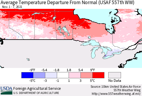Canada Average Temperature Departure from Normal (USAF 557th WW) Thematic Map For 11/1/2021 - 11/7/2021